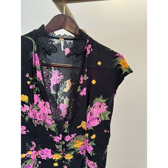 Free People Sz 8 Alora Mini Dress Black Pink Orange Floral Lace V Neck Buttons - Picture 3 of 10